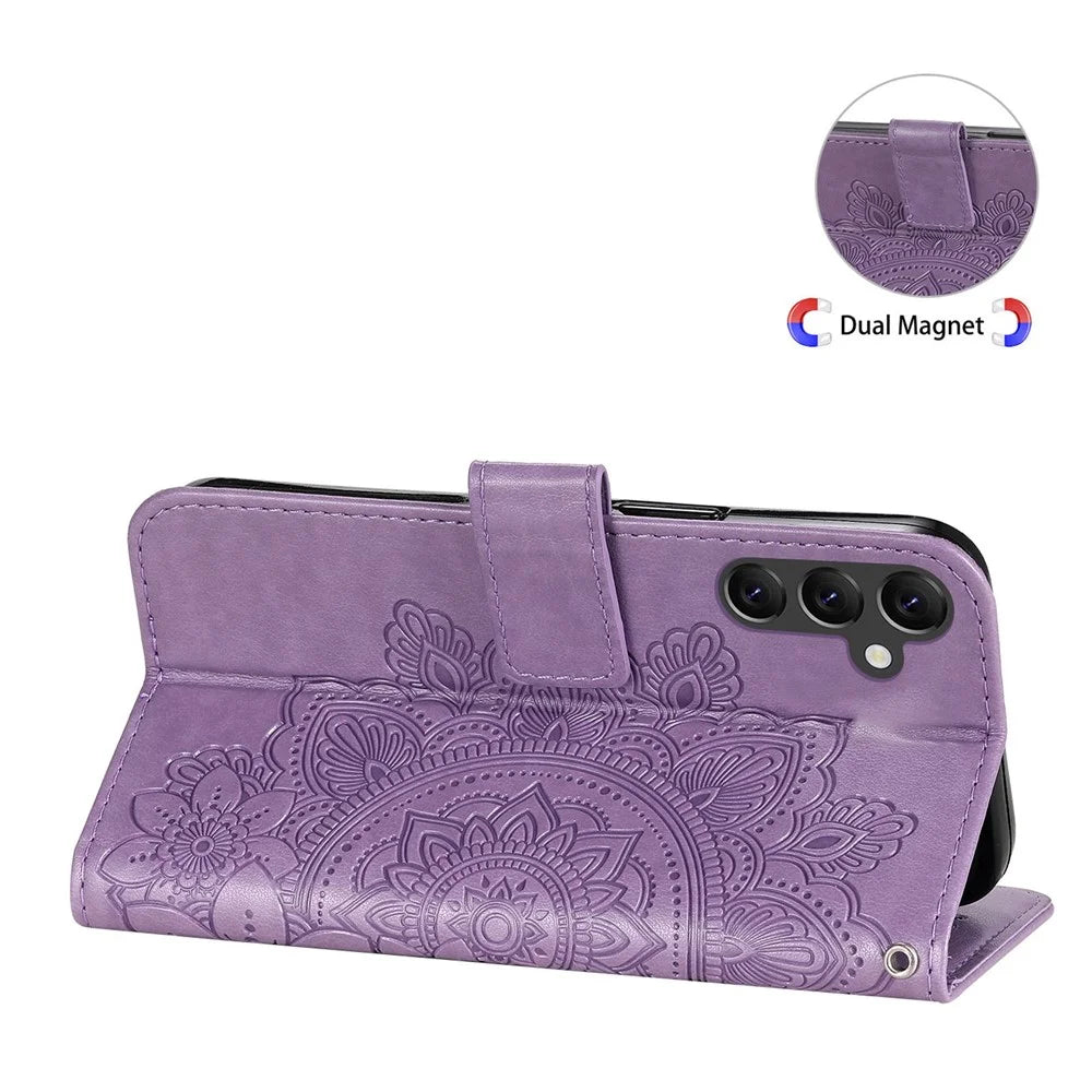 For Samsung Galaxy A14 5G / A14 4G Flower Imprinting PU Leather Case Folio Flip Foldable Stand Wallet Phone Cover with Strap - Purple - 4