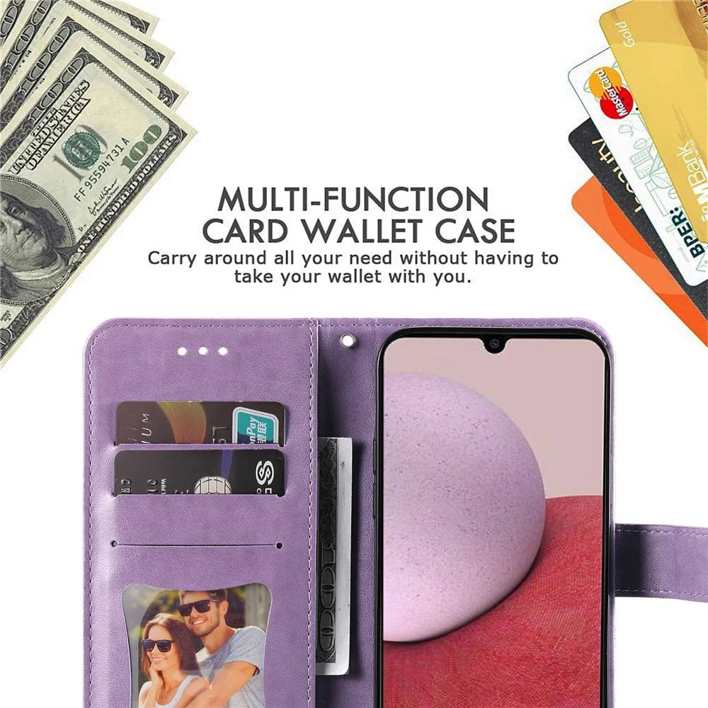 For Samsung Galaxy A14 5G / A14 4G Flower Imprinting PU Leather Case Folio Flip Foldable Stand Wallet Phone Cover with Strap - Purple - 7