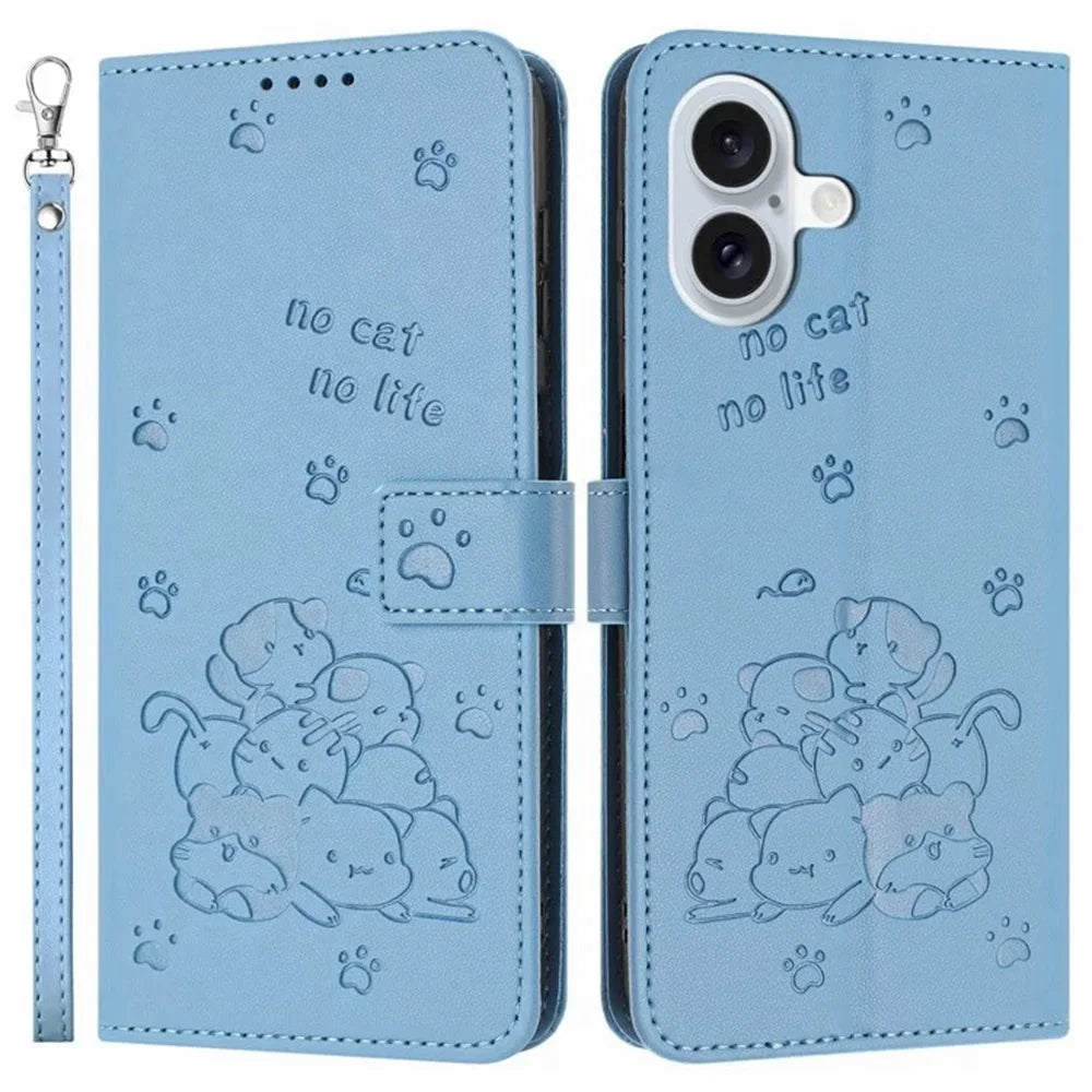 For iPhone 17 Wallet Case Cats Imprint Leather Phone Cover with Strap - Blue - 1