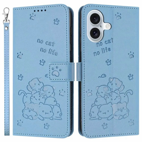 For iPhone 17 Wallet Case Cats Imprint Leather Phone Cover with Strap - Blue - 1