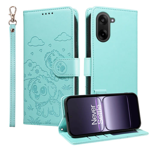 For OnePlus Ace 5 Racing 5G / OnePlus Nord CE5 5G Case RFID Blocking Imprinted Dog Pattern PU Leather Phone Cover with Wrist Strap - Green - 1