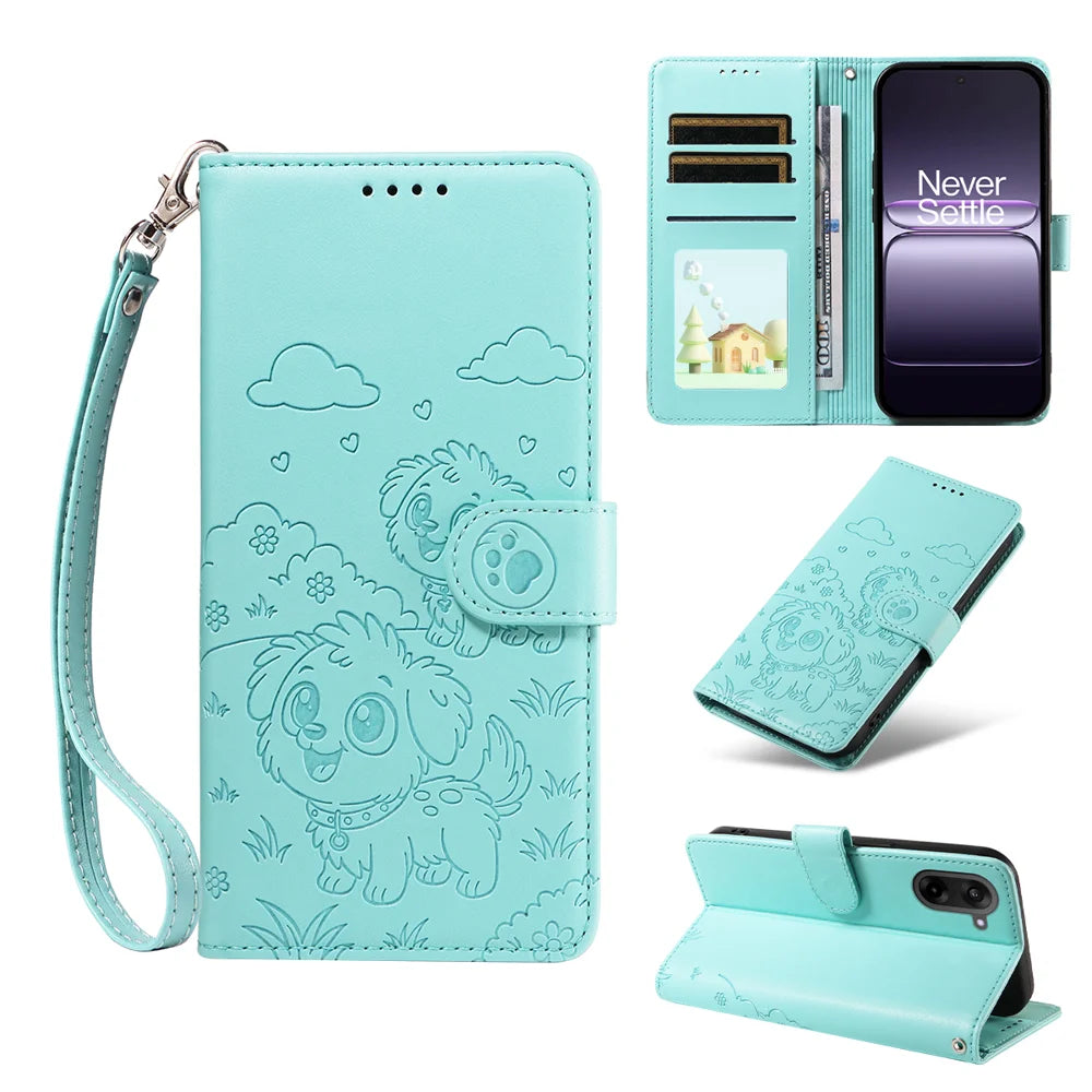 For OnePlus Ace 5 Racing 5G / OnePlus Nord CE5 5G Case RFID Blocking Imprinted Dog Pattern PU Leather Phone Cover with Wrist Strap - Green - 2