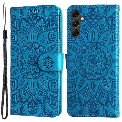 For Samsung Galaxy A14 5G / A14 4G Sunflower Imprinted PU Leather Wallet Case Foldable Stand Full Body Protection Cover with Hand Strap - Blue - 1