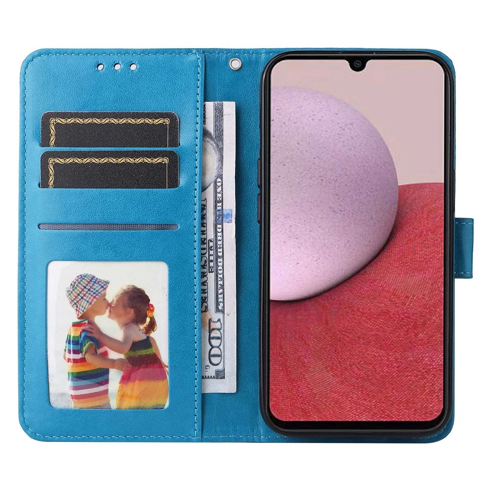 For Samsung Galaxy A14 5G / A14 4G Sunflower Imprinted PU Leather Wallet Case Foldable Stand Full Body Protection Cover with Hand Strap - Blue - 2