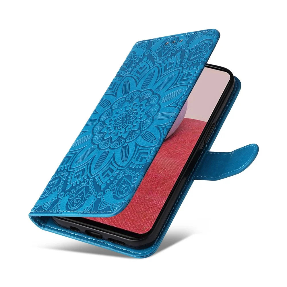 For Samsung Galaxy A14 5G / A14 4G Sunflower Imprinted PU Leather Wallet Case Foldable Stand Full Body Protection Cover with Hand Strap - Blue - 5