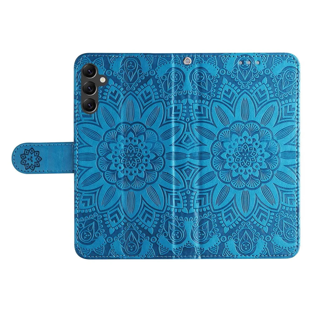 For Samsung Galaxy A14 5G / A14 4G Sunflower Imprinted PU Leather Wallet Case Foldable Stand Full Body Protection Cover with Hand Strap - Blue - 6