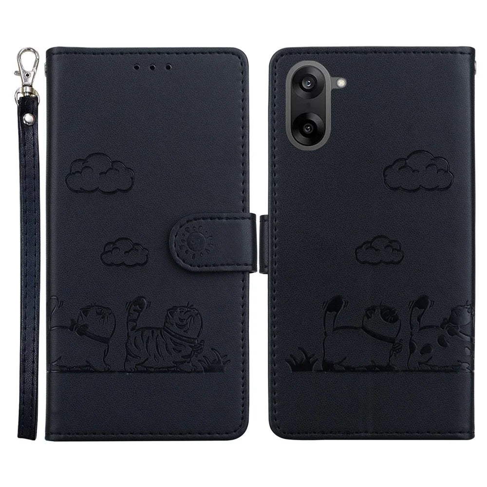 For OnePlus Nord CE5 5G / Ace 5 Racing 5G Case RFID Blocking Kitten Pattern TPU + PU Leather Phone Cover with Wrist Strap - Black - 1