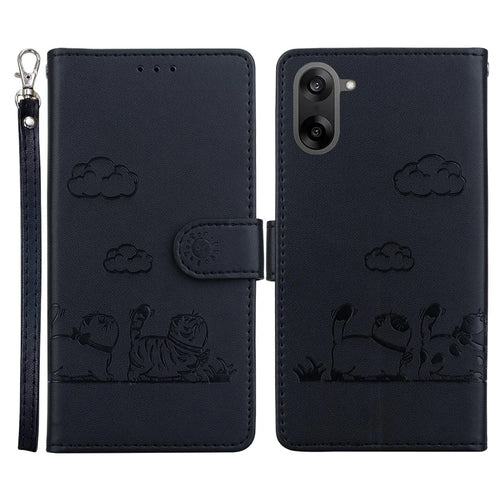 For OnePlus Nord CE5 5G / Ace 5 Racing 5G Case RFID Blocking Kitten Pattern TPU + PU Leather Phone Cover with Wrist Strap - Black - 1
