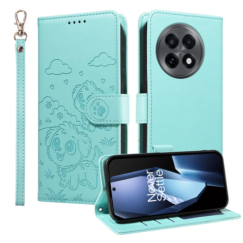 For OnePlus Ace 5 5G / OnePlus Ace 5 Pro 5G / OnePlus 13R 5G Case RFID Blocking Imprinted Dog Pattern PU Leather Phone Cover with Wrist Strap - Green - 1