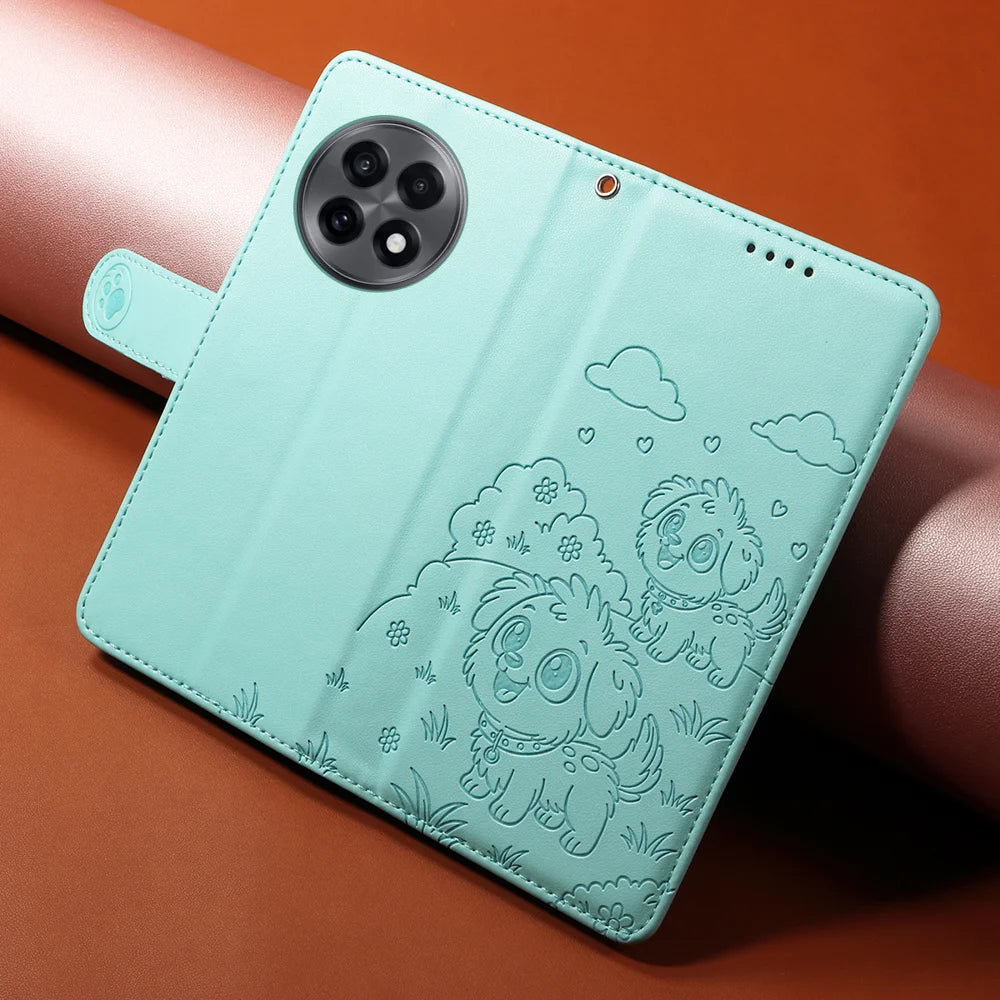 For OnePlus Ace 5 5G / OnePlus Ace 5 Pro 5G / OnePlus 13R 5G Case RFID Blocking Imprinted Dog Pattern PU Leather Phone Cover with Wrist Strap - Green - 4