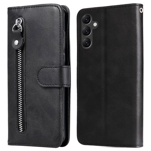 For Samsung Galaxy A14 5G / 4G Calf Texture Magnetic Clasp Wallet Phone Shell Zipper Pocket Stand PU Leather Case - Black - 1