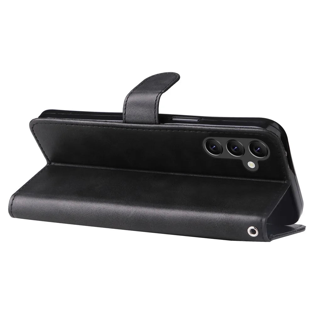 For Samsung Galaxy A14 5G / 4G Calf Texture Magnetic Clasp Wallet Phone Shell Zipper Pocket Stand PU Leather Case - Black - 4
