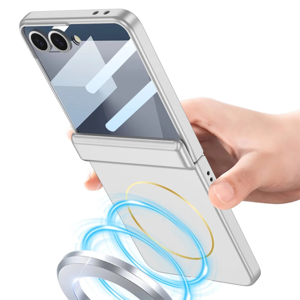 GKK For Samsung Galaxy Z Flip7 5G Magnetic Case Hinge Protection PC Tempered Glass Film Phone Cover - Titanium Grey - 5