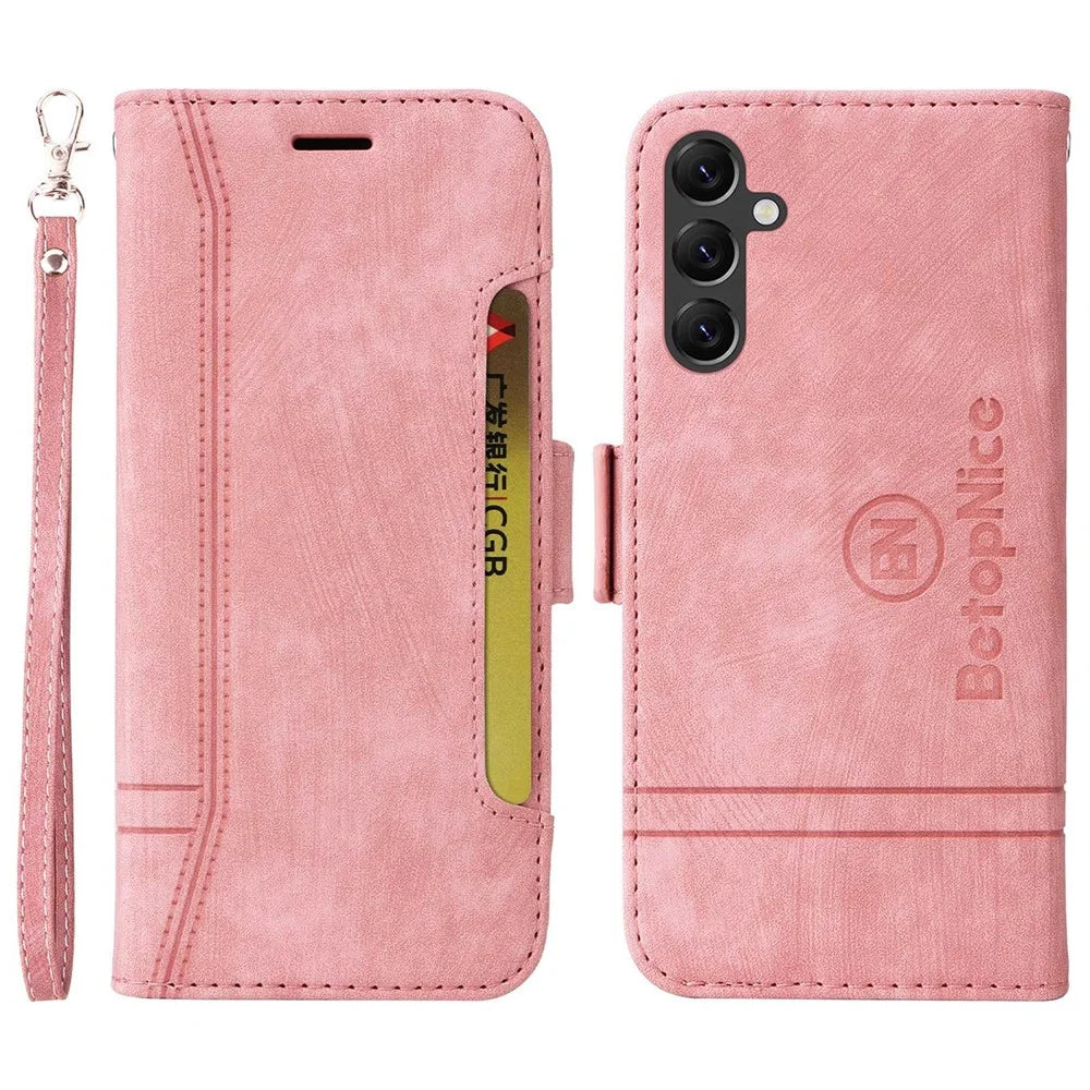 BETOPNICE 001 For Samsung Galaxy A14 5G / 4G  Full Protection Imprinted Line Stitching PU Leather Case Wallet Stand Cell Phone Cover - Pink - 1