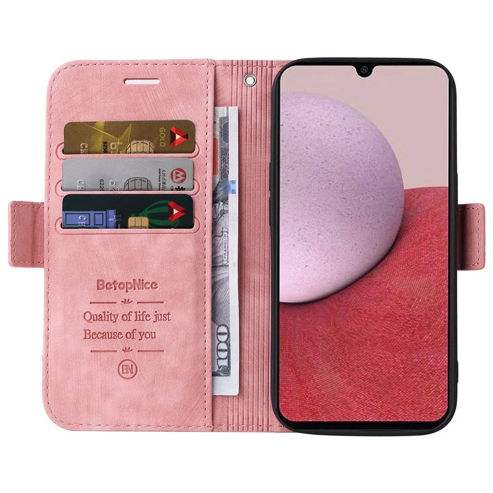 BETOPNICE 001 For Samsung Galaxy A14 5G / 4G  Full Protection Imprinted Line Stitching PU Leather Case Wallet Stand Cell Phone Cover - Pink - 2