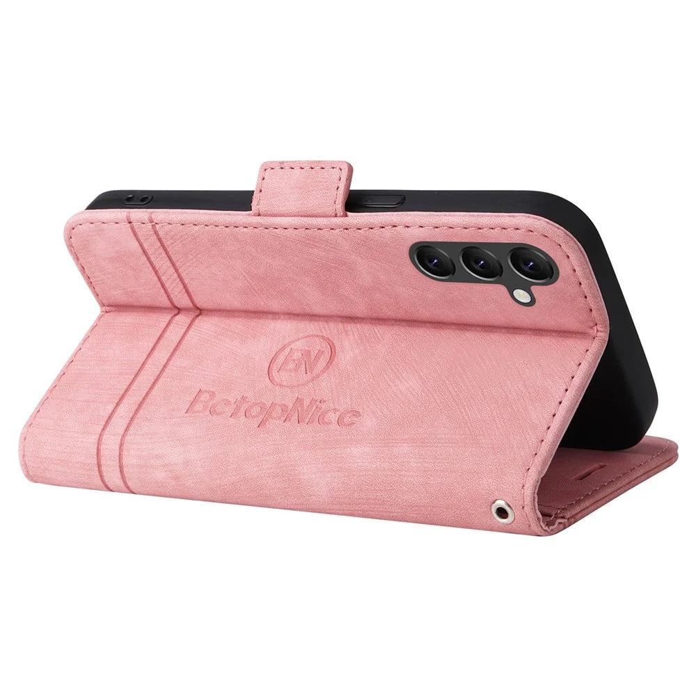 BETOPNICE 001 For Samsung Galaxy A14 5G / 4G  Full Protection Imprinted Line Stitching PU Leather Case Wallet Stand Cell Phone Cover - Pink - 4