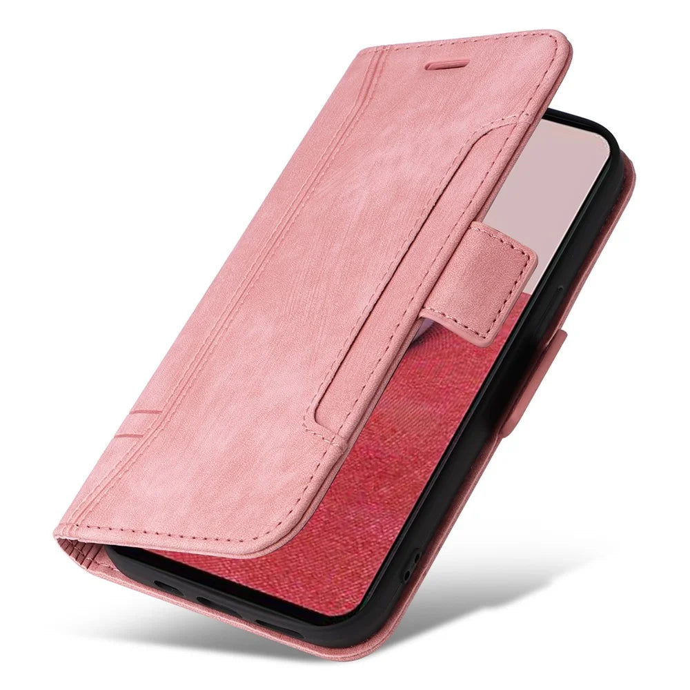 BETOPNICE 001 For Samsung Galaxy A14 5G / 4G  Full Protection Imprinted Line Stitching PU Leather Case Wallet Stand Cell Phone Cover - Pink - 5