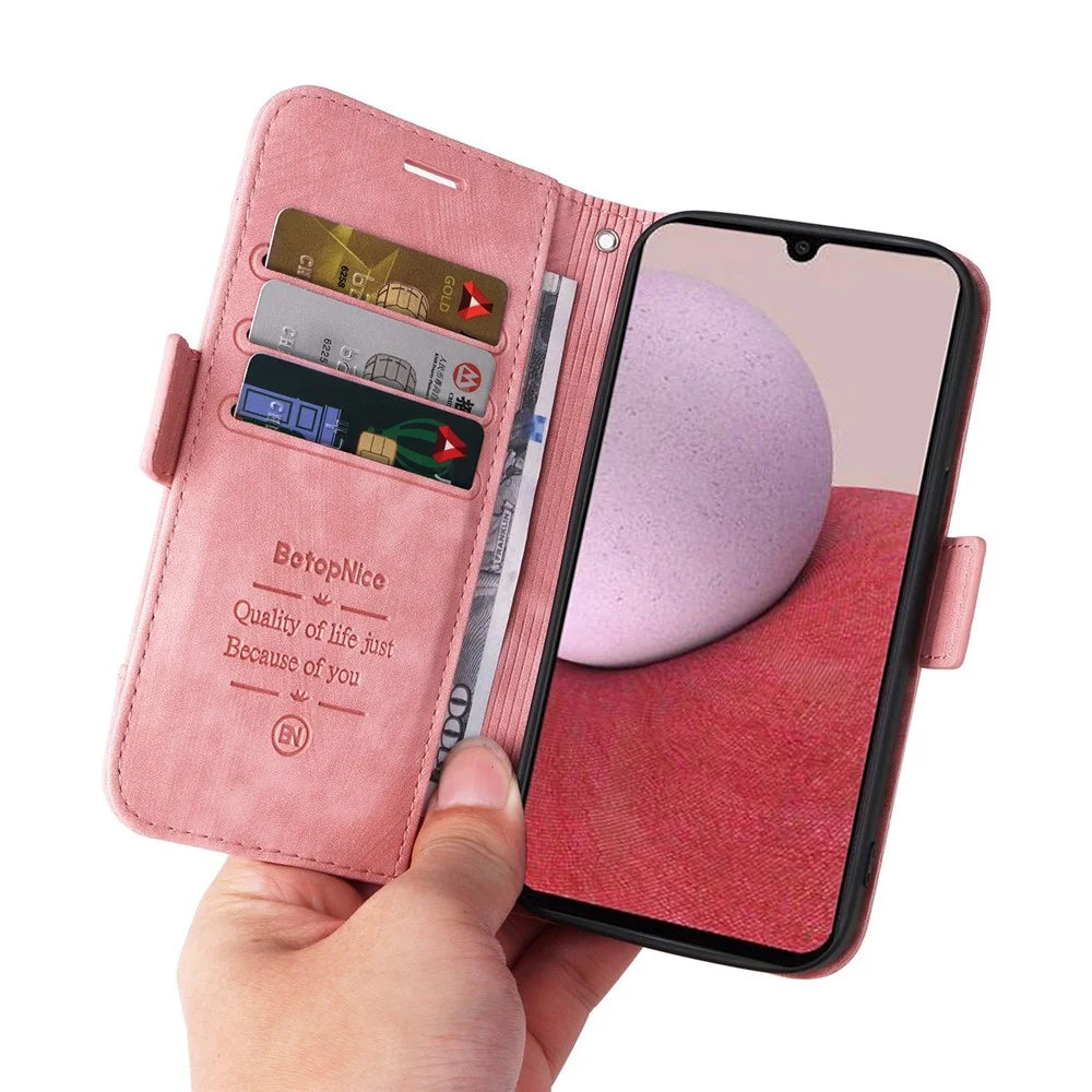 BETOPNICE 001 For Samsung Galaxy A14 5G / 4G  Full Protection Imprinted Line Stitching PU Leather Case Wallet Stand Cell Phone Cover - Pink - 6