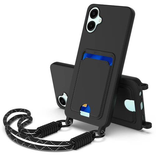 For Samsung Galaxy A06 5G Liquid Silicone Case  Phone Back Cover with Card Holder and Short Strap - Black - 1