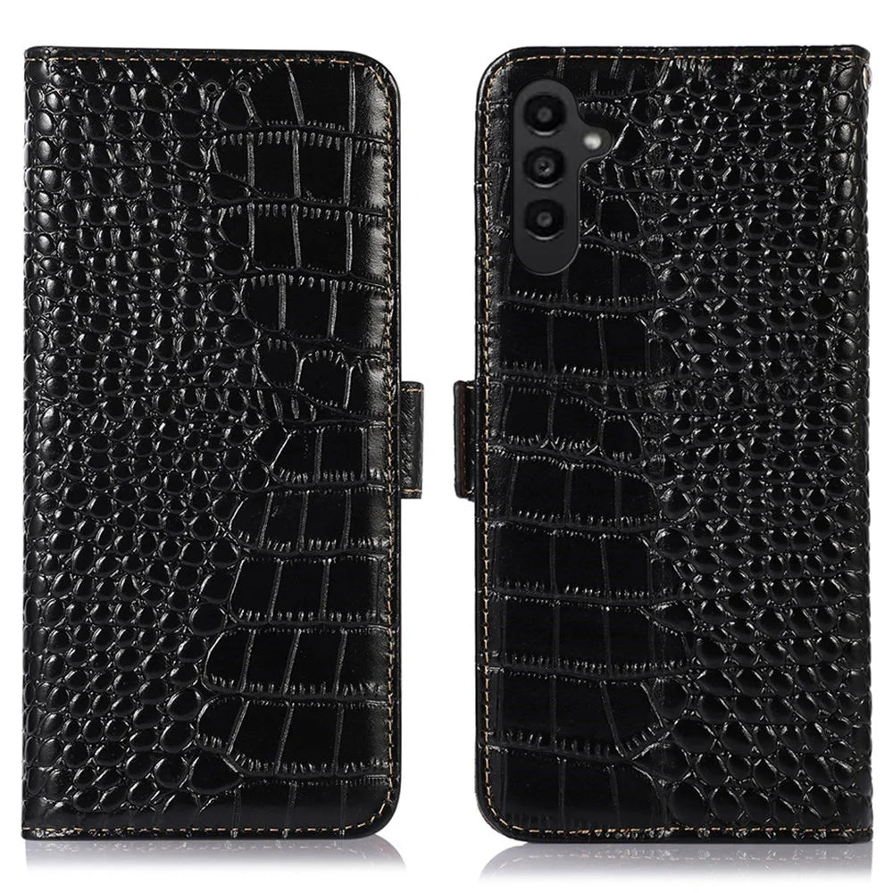 For Samsung Galaxy A14 5G / A14 4G Genuine Cowhide Leather Side Magnetic Clasp Phone Case Crocodile Texture RFID Blocking Stand Wallet Cover - Black - 1