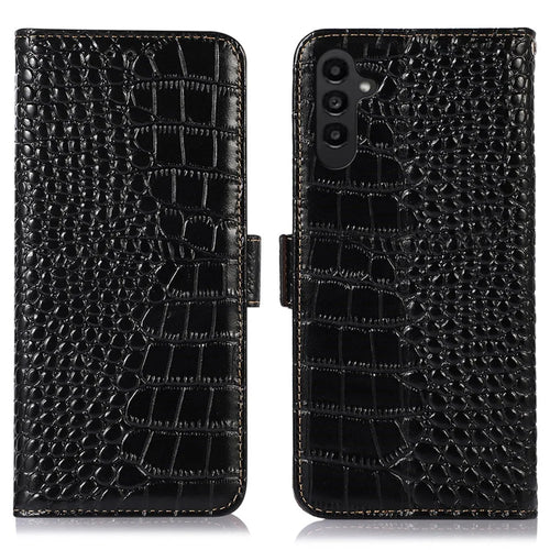 For Samsung Galaxy A14 5G / A14 4G Genuine Cowhide Leather Side Magnetic Clasp Phone Case Crocodile Texture RFID Blocking Stand Wallet Cover - Black - 1