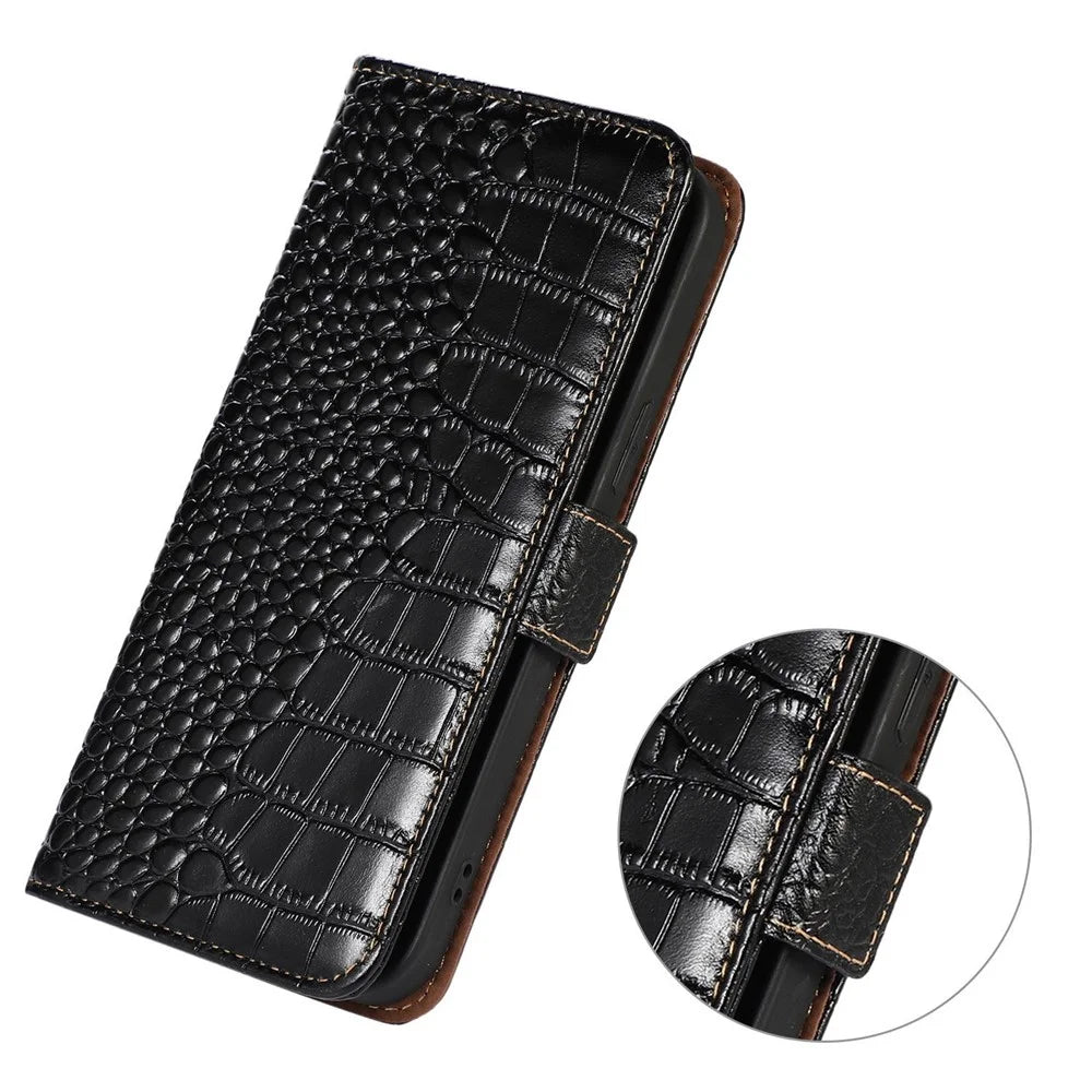 For Samsung Galaxy A14 5G / A14 4G Genuine Cowhide Leather Side Magnetic Clasp Phone Case Crocodile Texture RFID Blocking Stand Wallet Cover - Black - 6
