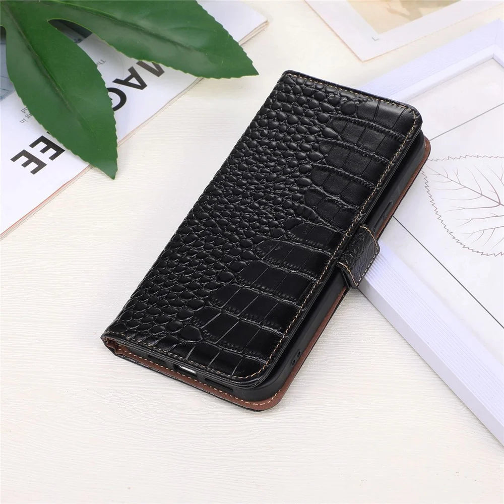 For Samsung Galaxy A14 5G / A14 4G Genuine Cowhide Leather Side Magnetic Clasp Phone Case Crocodile Texture RFID Blocking Stand Wallet Cover - Black - 7