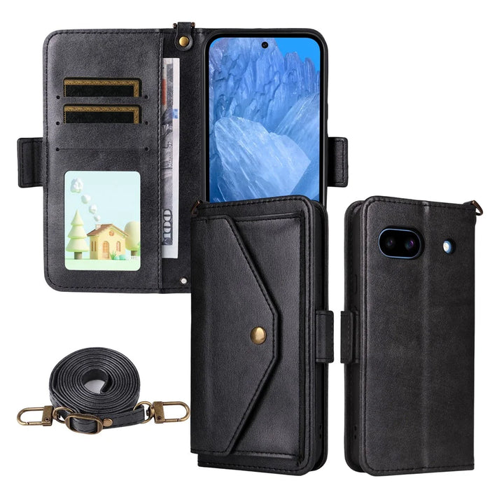 For Google Pixel 8a Leather Case Magnetic Closure Wallet Stand Phone Cover with Crossbody Strap - Black - 1