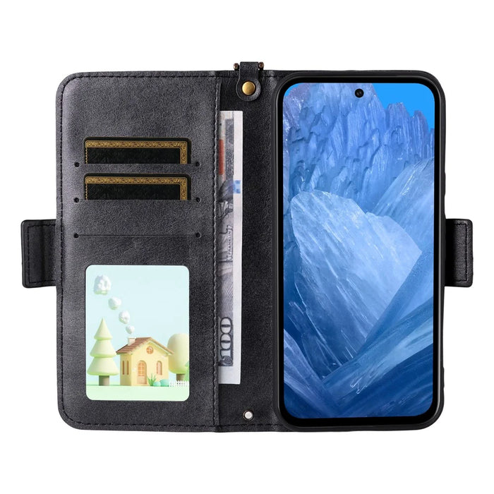 For Google Pixel 8a Leather Case Magnetic Closure Wallet Stand Phone Cover with Crossbody Strap - Black - 2