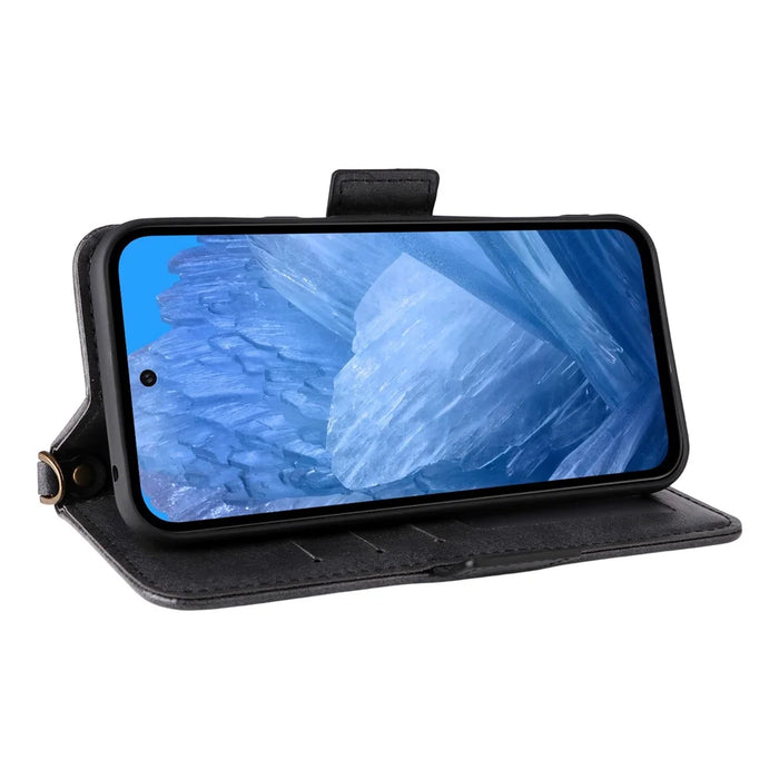 For Google Pixel 8a Leather Case Magnetic Closure Wallet Stand Phone Cover with Crossbody Strap - Black - 3