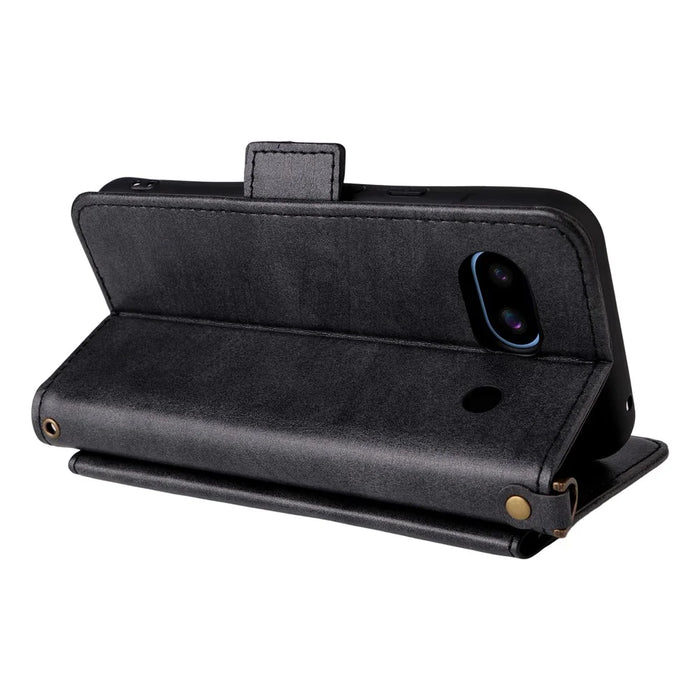For Google Pixel 8a Leather Case Magnetic Closure Wallet Stand Phone Cover with Crossbody Strap - Black - 4