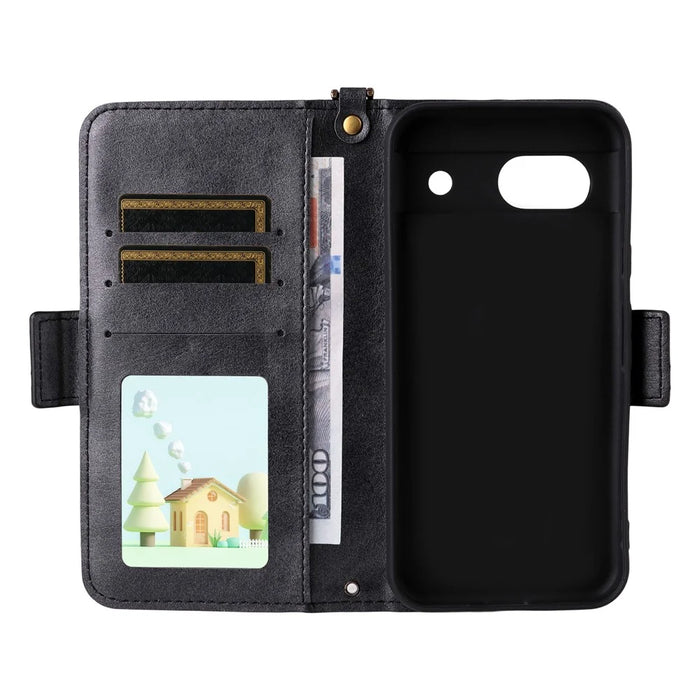 For Google Pixel 8a Leather Case Magnetic Closure Wallet Stand Phone Cover with Crossbody Strap - Black - 5