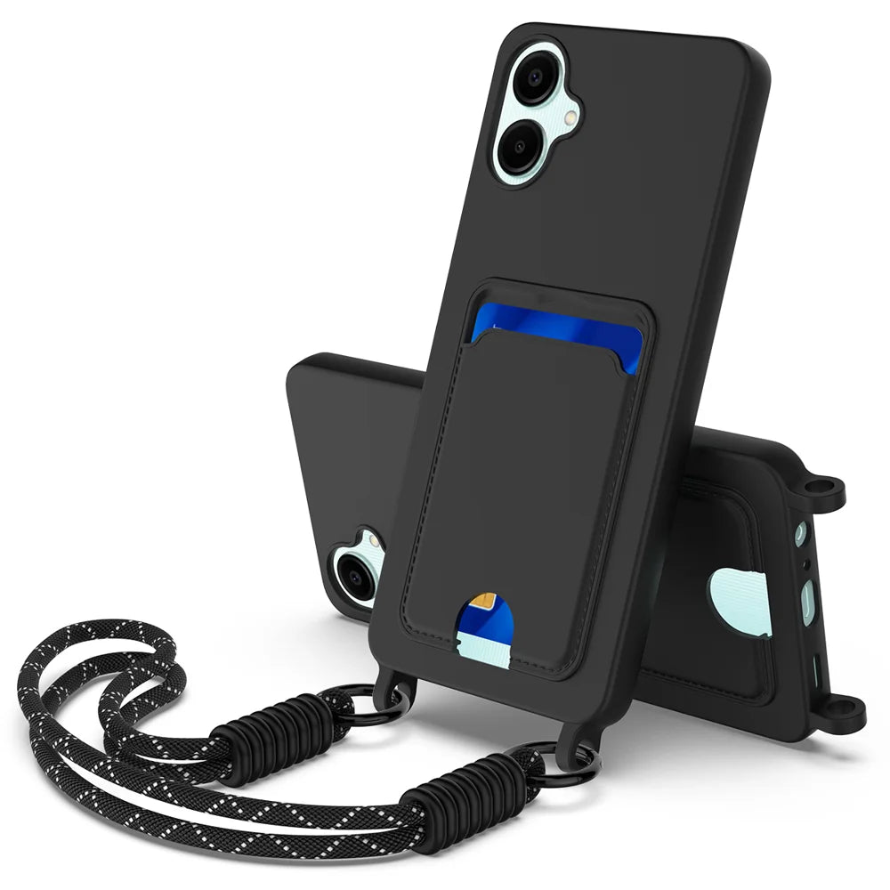 For Samsung Galaxy A06 4G Liquid Silicone Case  Phone Back Cover with Card Holder and Short Strap - Black - 1