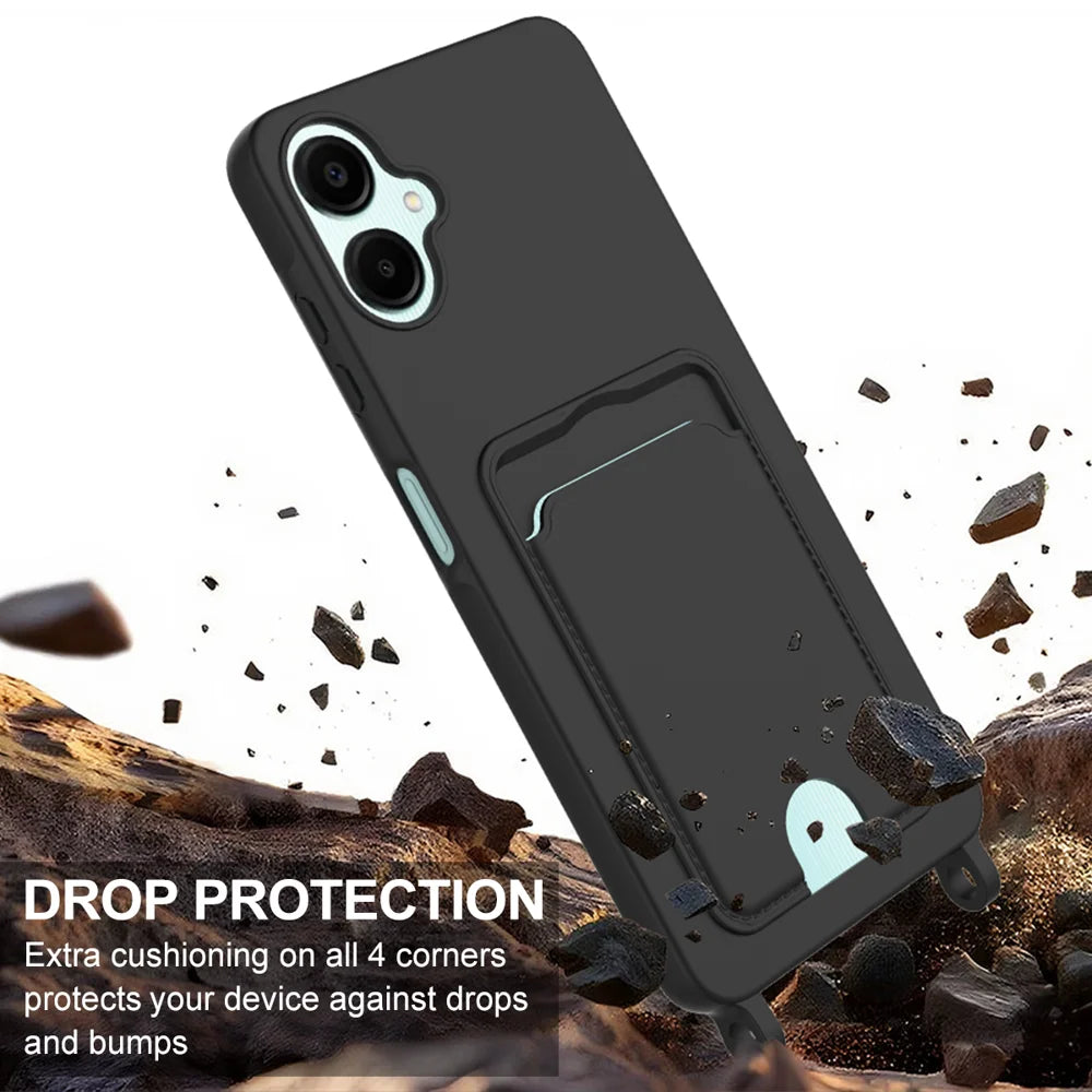 For Samsung Galaxy A06 4G Liquid Silicone Case  Phone Back Cover with Card Holder and Short Strap - Black - 5