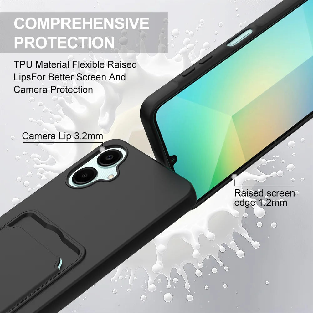 For Samsung Galaxy A06 4G Liquid Silicone Case  Phone Back Cover with Card Holder and Short Strap - Black - 7