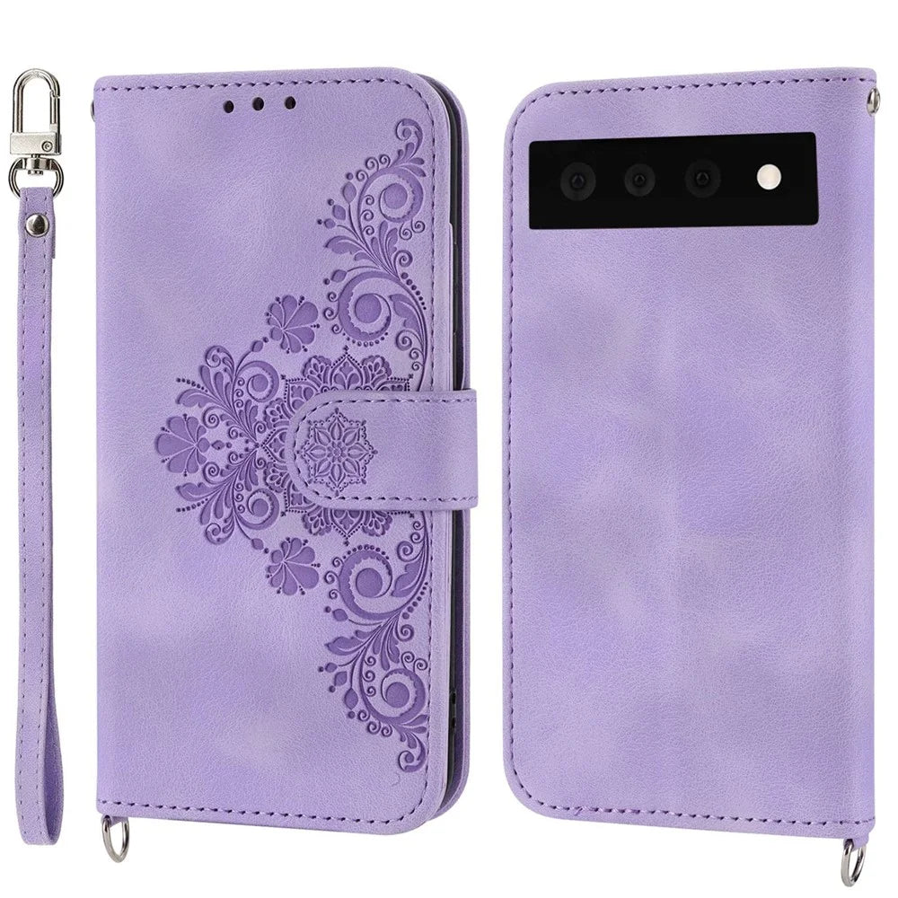 For Google Pixel 7 Pro 5G Imprinted Flowers PU Leather Stand Multiple Card Slots Case Skin-touch Phone Cover with Wrist Strap and Shoulder Strap - Light Purple - 1