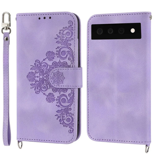 For Google Pixel 7 Pro 5G Imprinted Flowers PU Leather Stand Multiple Card Slots Case Skin-touch Phone Cover with Wrist Strap and Shoulder Strap - Light Purple - 1