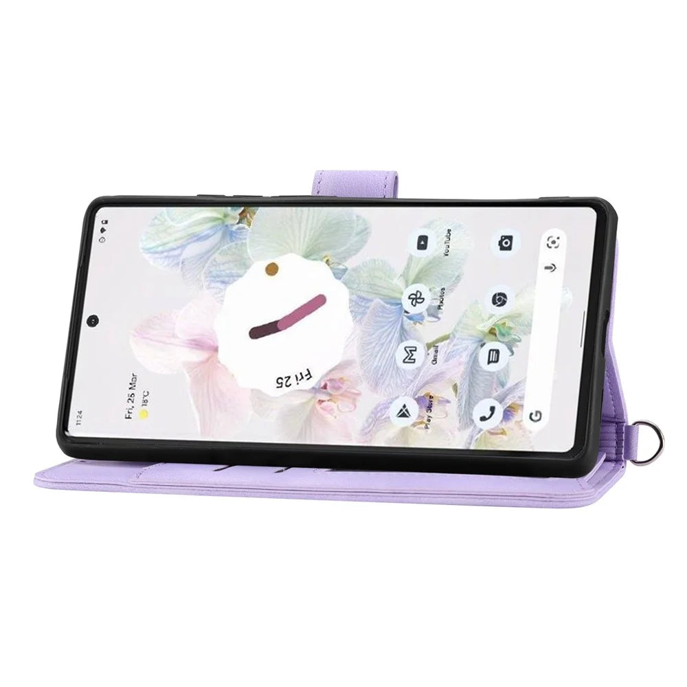 For Google Pixel 7 Pro 5G Imprinted Flowers PU Leather Stand Multiple Card Slots Case Skin-touch Phone Cover with Wrist Strap and Shoulder Strap - Light Purple - 2