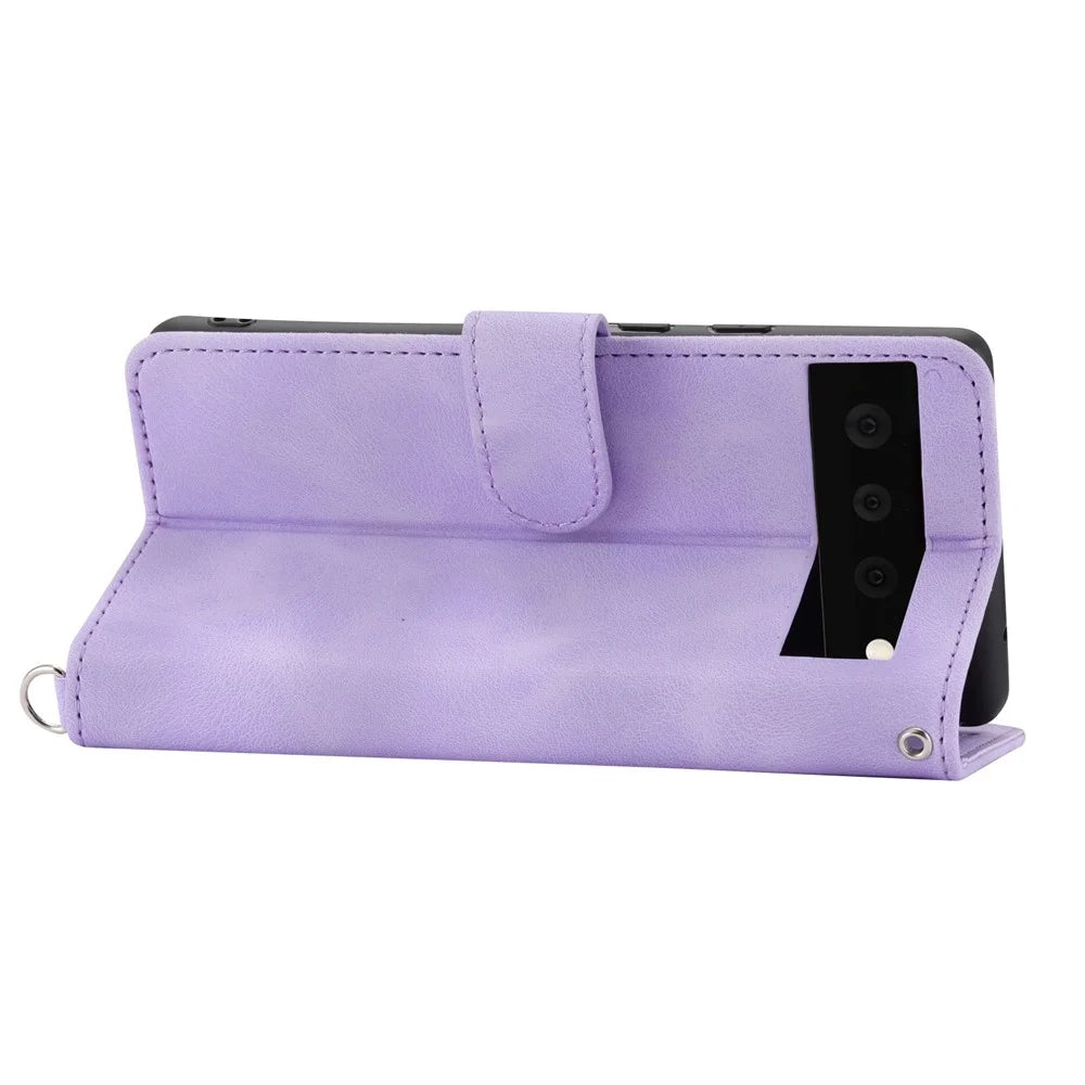 For Google Pixel 7 Pro 5G Imprinted Flowers PU Leather Stand Multiple Card Slots Case Skin-touch Phone Cover with Wrist Strap and Shoulder Strap - Light Purple - 3