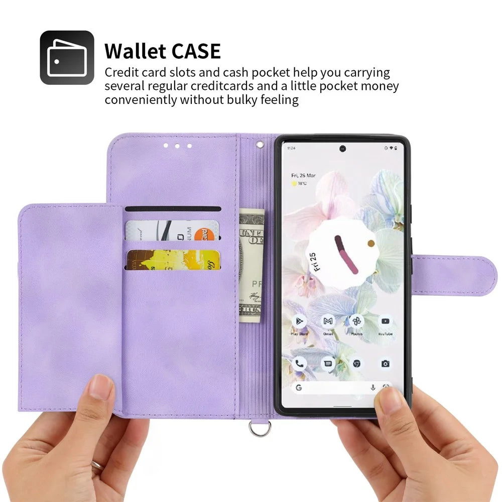 For Google Pixel 7 Pro 5G Imprinted Flowers PU Leather Stand Multiple Card Slots Case Skin-touch Phone Cover with Wrist Strap and Shoulder Strap - Light Purple - 4