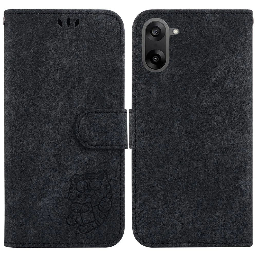 For OnePlus Nord CE5 5G / Ace 5 Racing 5G Wallet Case Tiger Imprint Leather Shockproof Phone Cover with Wrist Strap - Black - 1
