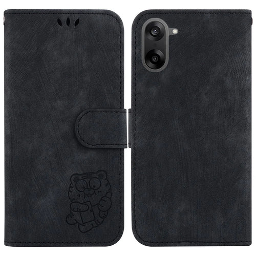 For OnePlus Nord CE5 5G / Ace 5 Racing 5G Wallet Case Tiger Imprint Leather Shockproof Phone Cover with Wrist Strap - Black - 1