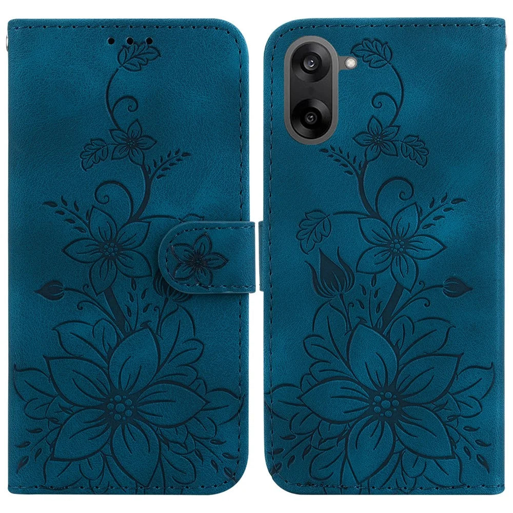 For OnePlus Nord CE5 5G / Ace 5 Racing 5G Stand Case Lily Flower Imprint Leather Phone Cover with Wrist Strap - Dark Blue - 1