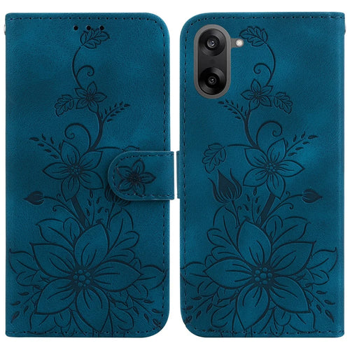 For OnePlus Nord CE5 5G / Ace 5 Racing 5G Stand Case Lily Flower Imprint Leather Phone Cover with Wrist Strap - Dark Blue - 1