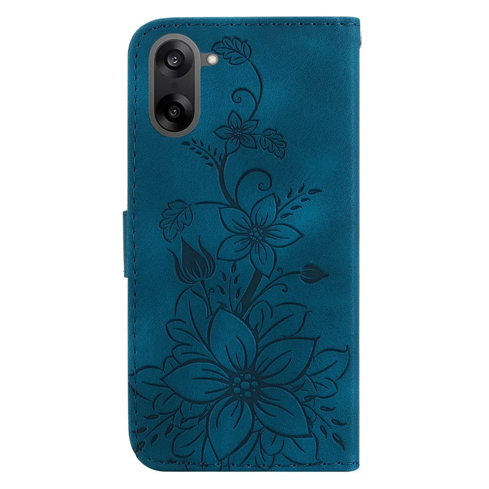 For OnePlus Nord CE5 5G / Ace 5 Racing 5G Stand Case Lily Flower Imprint Leather Phone Cover with Wrist Strap - Dark Blue - 7