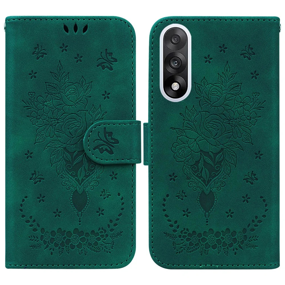 For OnePlus Nord 5 5G / Ace 5 Ultra 5G Case Butterfly Flower Imprint PU Leather Wallet Phone Cover with Strap - Green - 1
