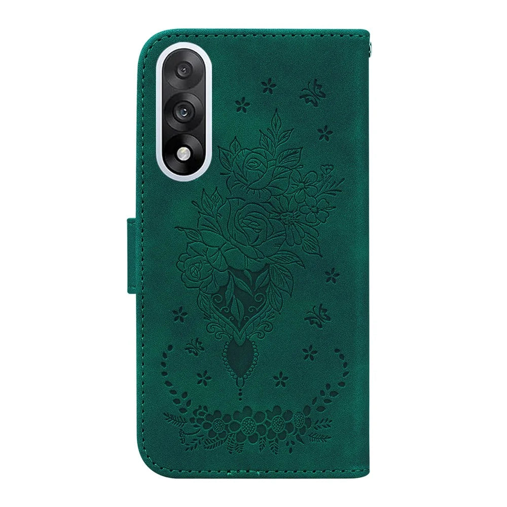 For OnePlus Nord 5 5G / Ace 5 Ultra 5G Case Butterfly Flower Imprint PU Leather Wallet Phone Cover with Strap - Green - 7