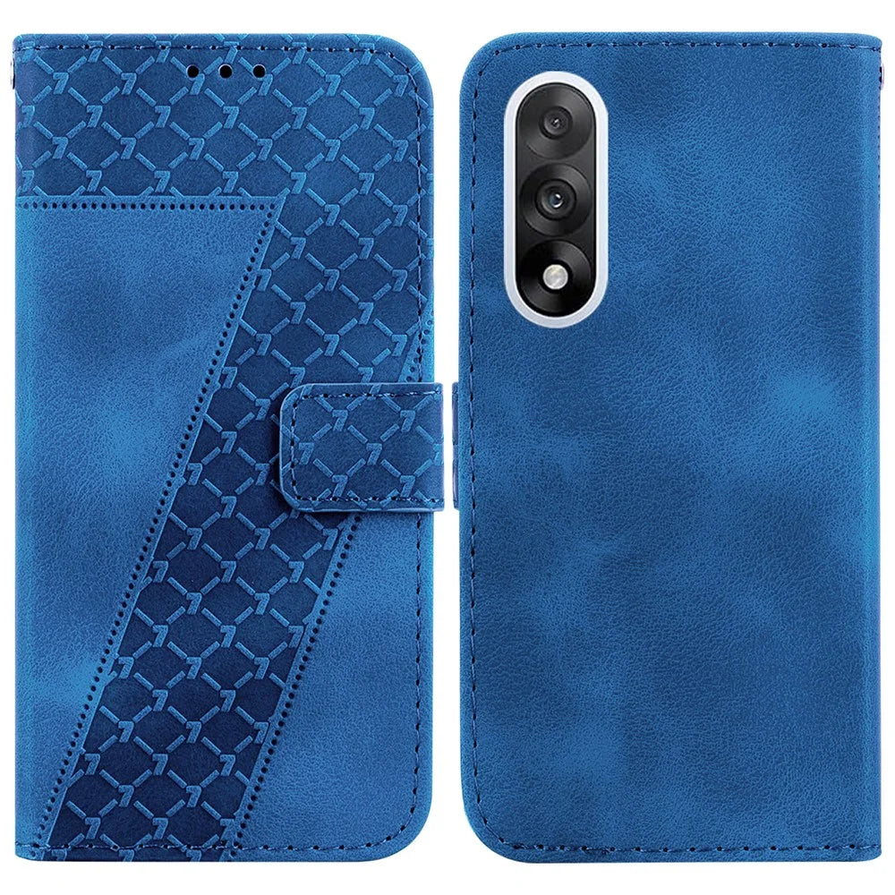 For OnePlus Nord 5 5G / Ace 5 Ultra 5G Stand Case 7-Shaped Pattern Imprint Leather Phone Cover with Strap - Dark Blue - 1