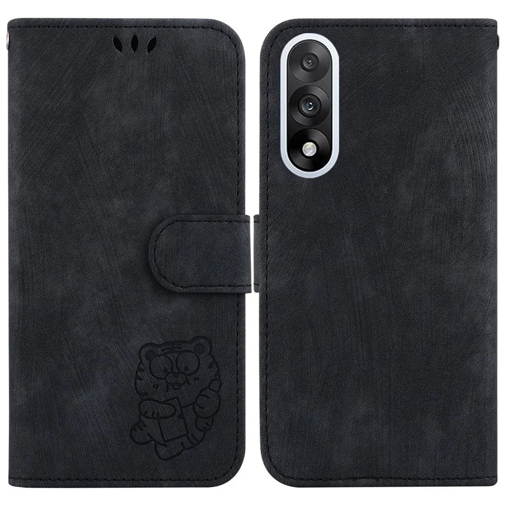 For OnePlus Nord 5 5G / Ace 5 Ultra 5G Wallet Case Tiger Imprint Leather Shockproof Phone Cover with Wrist Strap - Black - 1