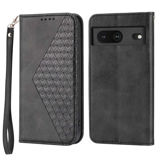 For Google Pixel 7 5G Rhombus Pattern Imprinted Calf Texture PU Leather Stand Case Magnetic Auto Closing Wallet Phone Cover with Strap - Black - 1